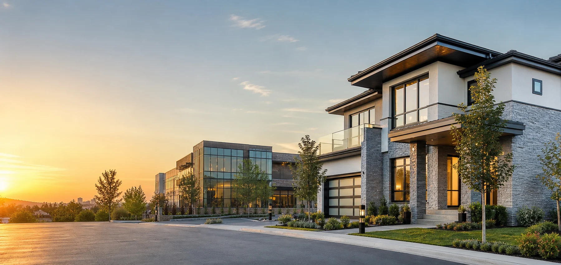Renovated mixed-use real estate assets at golden hour